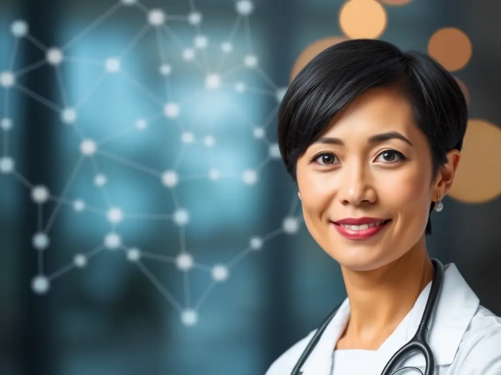 A professional headshot of a healthcare professional (HCP) overlaid with a network graph, symbolizing the understanding of prescriber networks and referral patterns.