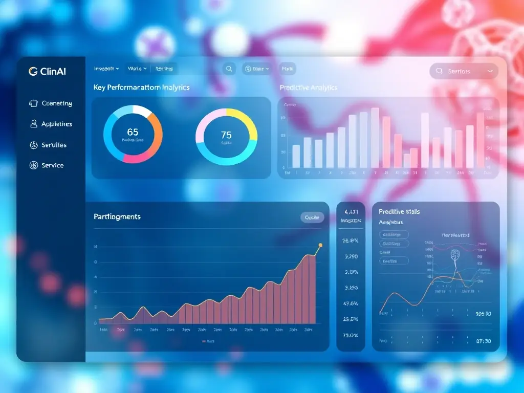 A clean, user-friendly dashboard of the ClinAI platform, displaying key performance indicators and predictive analytics for clinical trial optimization, with a subtle overlay of medical imagery.