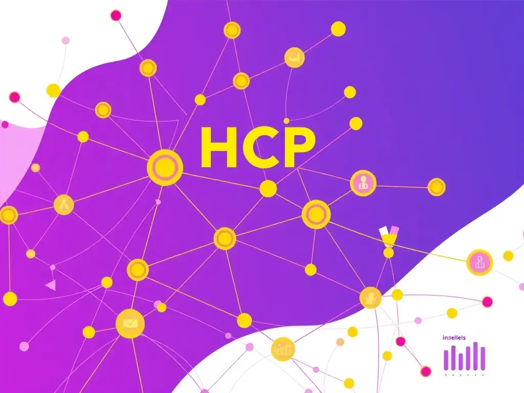 A digital illustration depicting a network of interconnected nodes representing HCP segmentation, with a focus on data-driven insights and targeted marketing strategies in a healthcare setting.