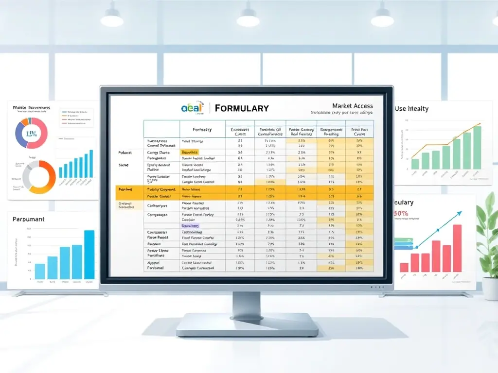 A visual representation of market access and payer data, showing a formulary with highlighted sections and reimbursement charts, indicating the navigation of reimbursement dynamics.