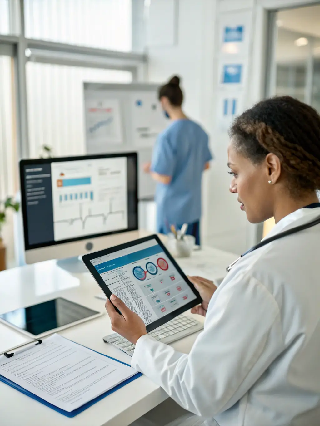 A field representative using a tablet to view AI-driven recommendations for the next best action to take with a healthcare provider, in a modern office setting.