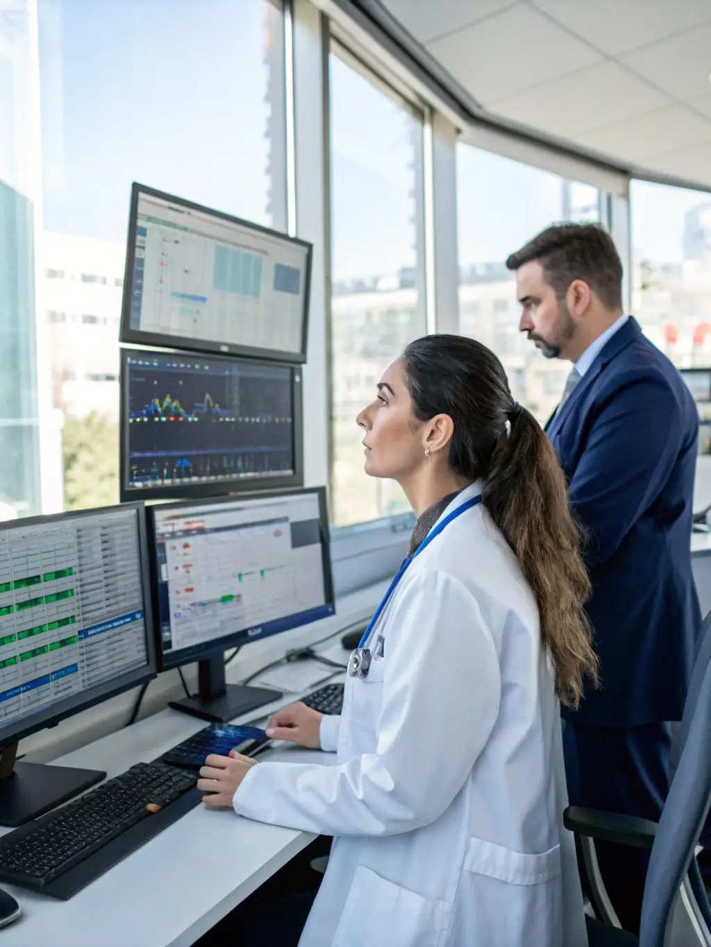 A diverse team of data scientists and healthcare consultants collaborating on a deep learning project, analyzing medical data and developing predictive models in a modern office environment.