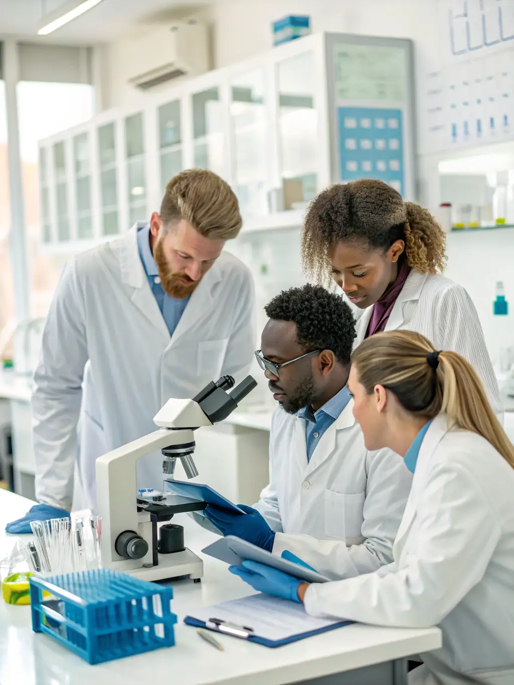 A diverse group of scientists and consultants working together in a lab, symbolizing Genotrak's collaborative approach to life sciences consulting.