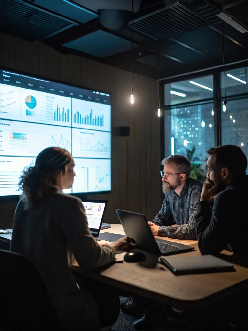 A team of consultants collaborating on a digital transformation strategy, using tablets and interactive whiteboards to map out process improvements.