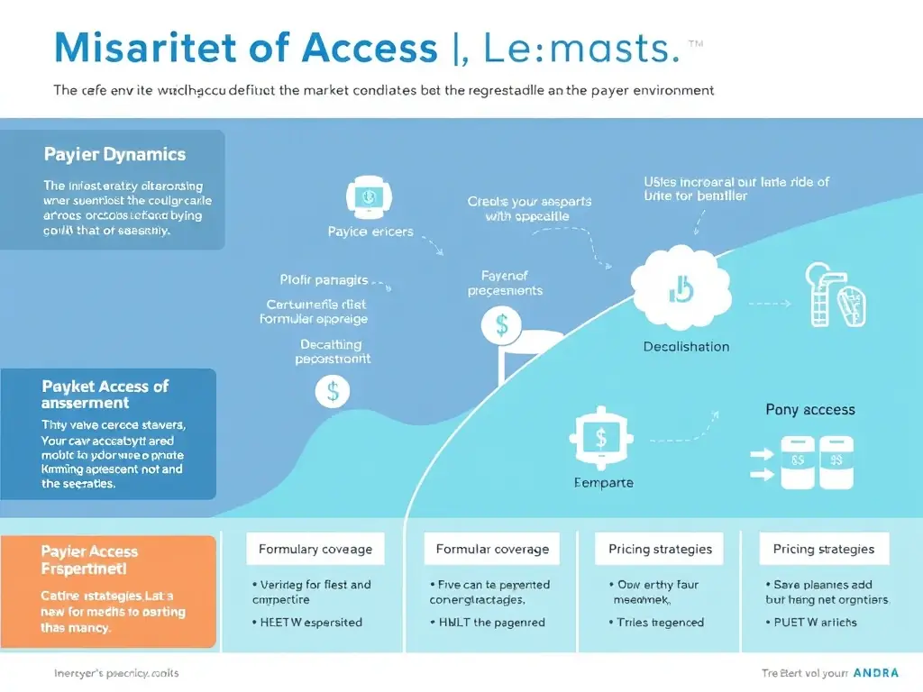 A visual representation of a market access landscape, showcasing payer dynamics, formulary coverage, and pricing strategies, emphasizing the importance of understanding the payer environment.