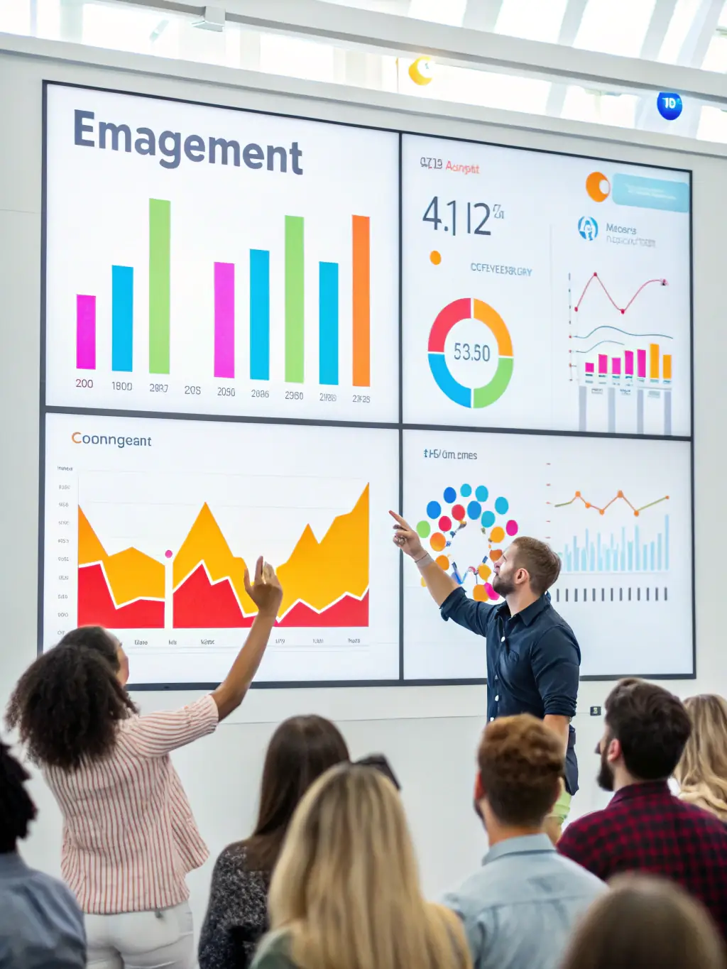 A multi-channel marketing campaign dashboard displaying various engagement metrics across different platforms (email, social media, mobile), with a focus on data-driven optimization, in a modern office setting. The scene represents Genotrak's omnichannel engagement strategy.