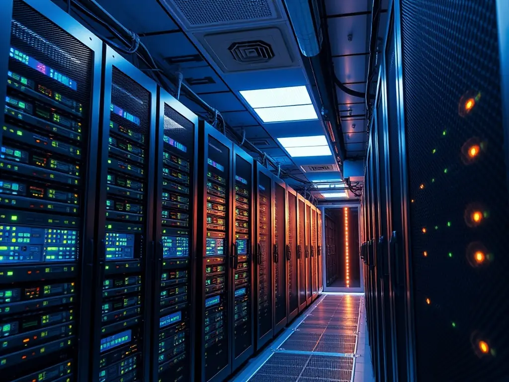 A secure server room with glowing lights, symbolizing the robust compliance and security measures built into Genotrak's solutions.