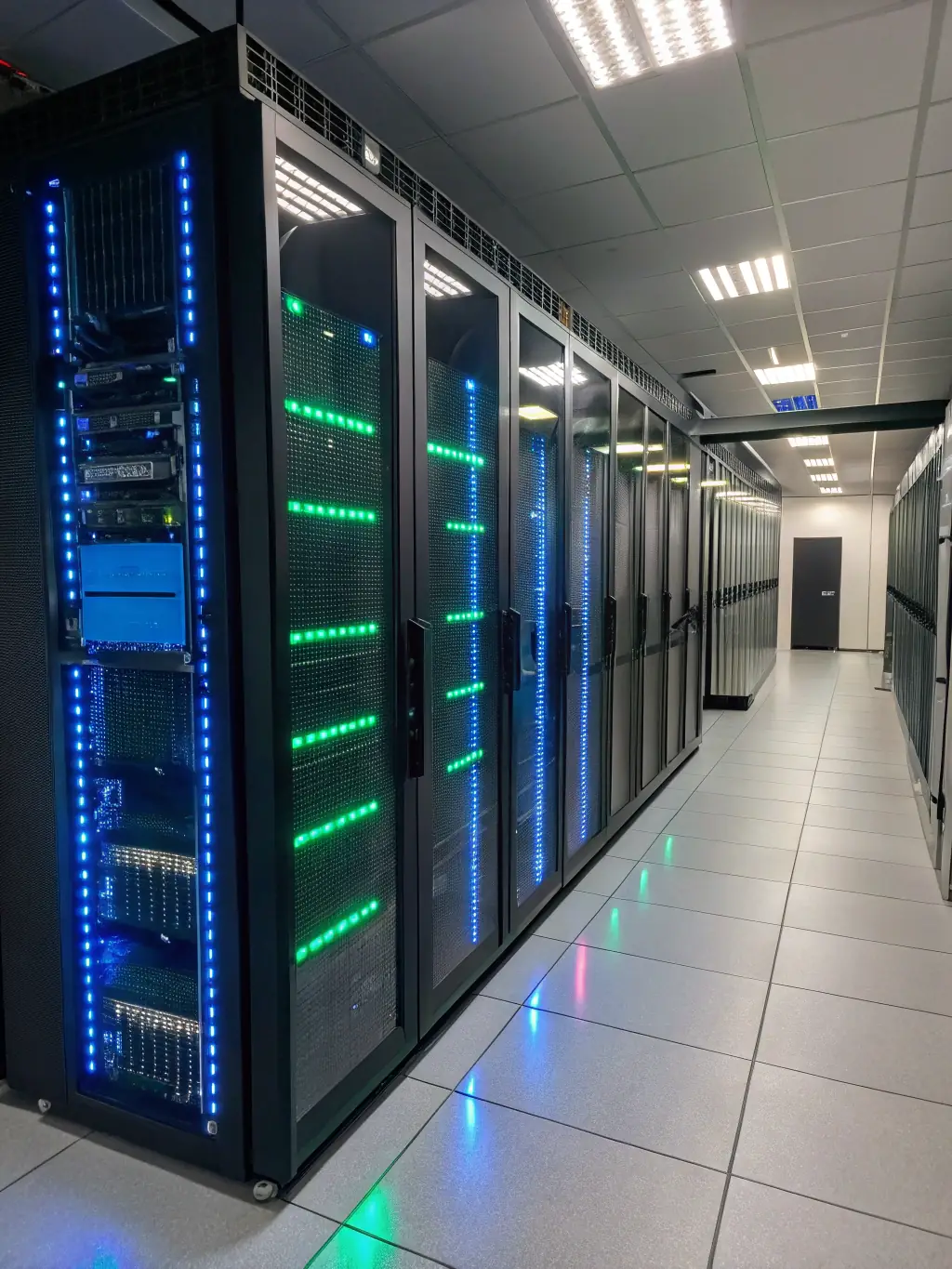 A secure server room with blinking lights and spinning hard drives, representing the secure deployment of Genotrak's AI platform within a client's infrastructure.