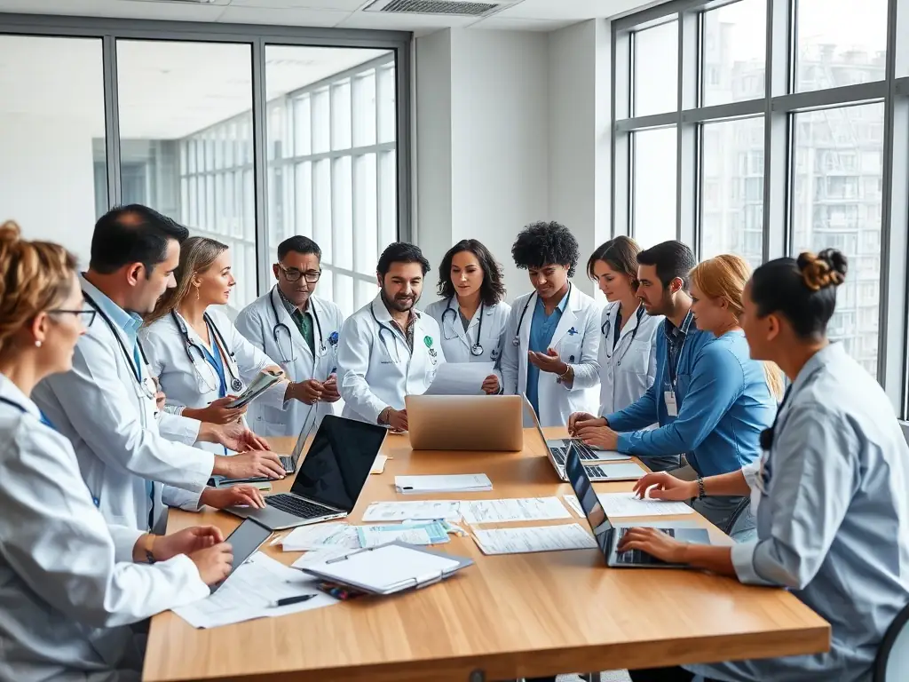 A photograph of a diverse group of healthcare professionals collaborating around a table, reviewing patient data and discussing access strategies, in a well-lit conference room.