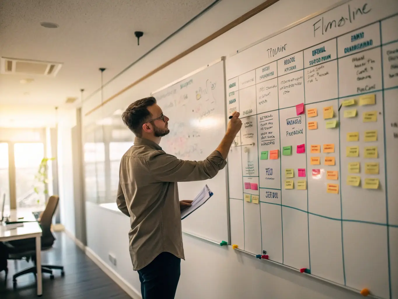 A high-angle, brightly lit photograph of a project management timeline board, with sticky notes representing different launch tasks and milestones, set in a modern office environment.