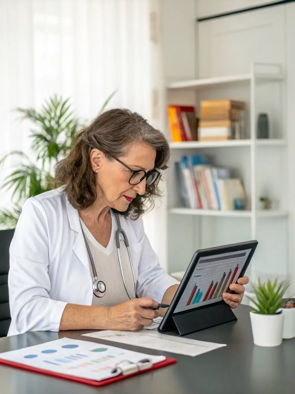 A professional photograph of a hospital administrator reviewing financial reports with a look of satisfaction and confidence, symbolizing improved financial performance.
